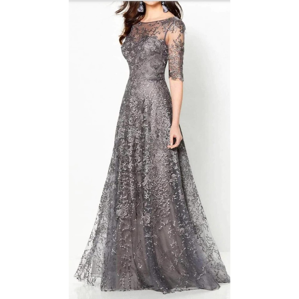 Montage by Mon Cheri Embellished Rhinestones Short Sleeves Lace Long Gown